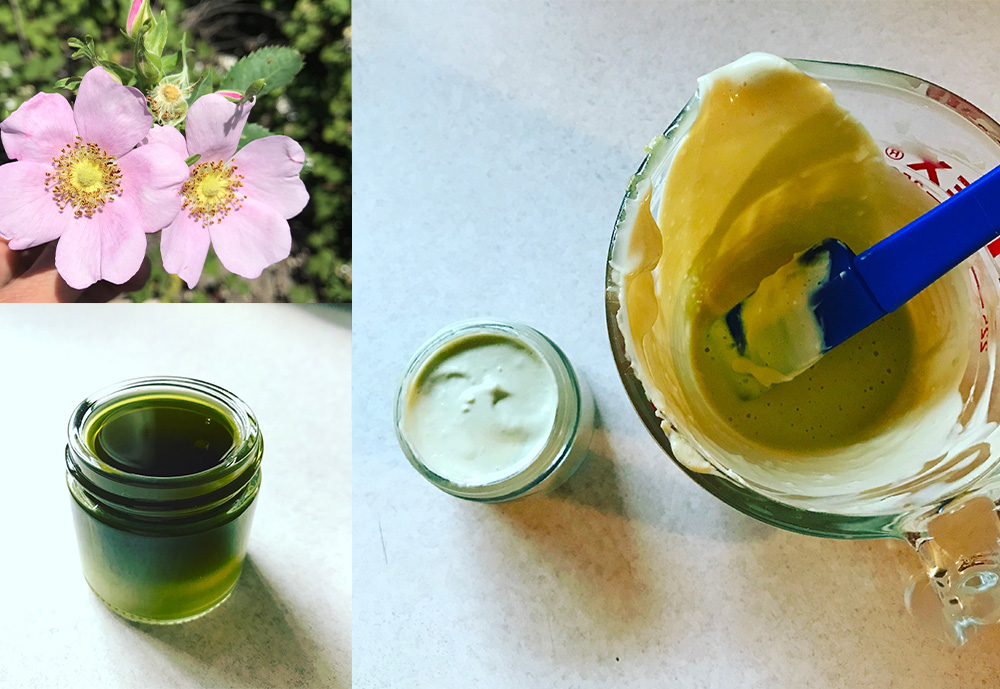 Moon Wise Herbals. Meet the Maker series blog post. Wild Rose, Chickweed & Violet Leaf Salve, Mixing bowl with ingredients for body cream.