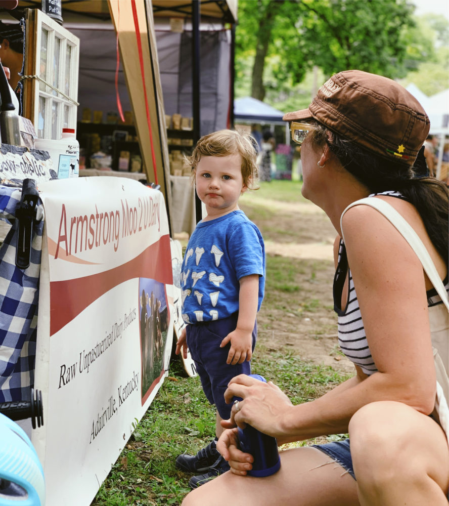 mom and son at the market